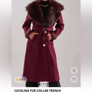AKIRA Burgundy Fur Collar Trench Coat